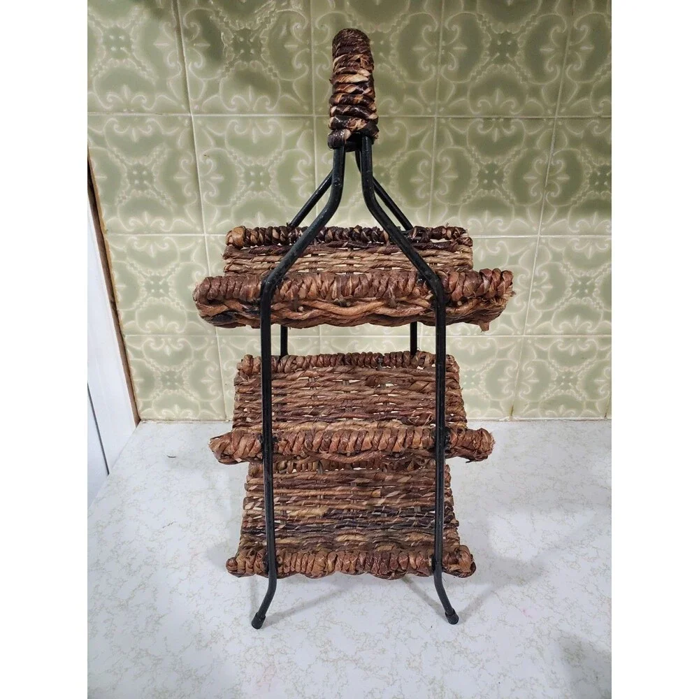 Black Wrought Iron and Woven Brown Rattan 3 Tiered Wine Rack - Holds 3 Bottles
